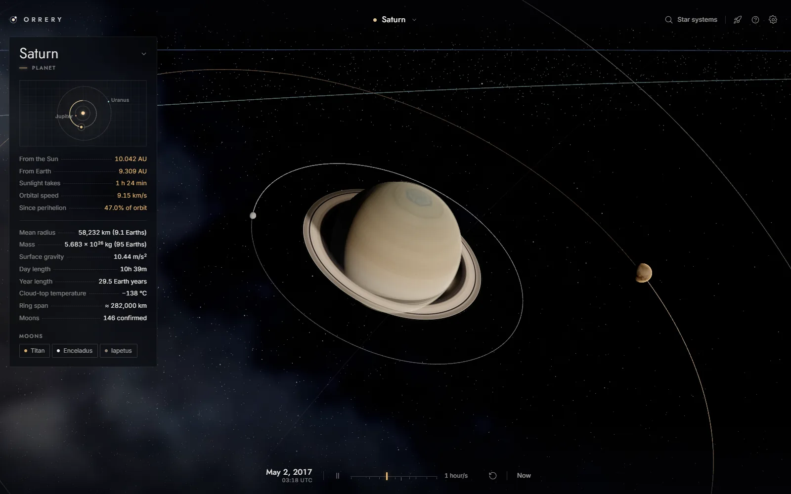 Saturn and its rings, with the info panel open